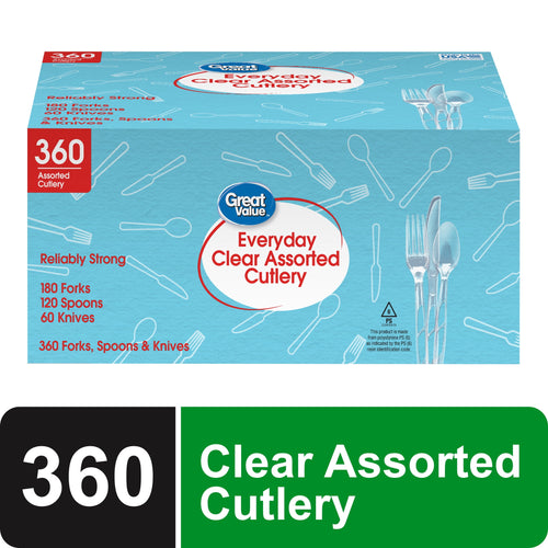 Box of Great Value Everyday Clear Assorted Cutlery with blue patterned background and cutlery illustration