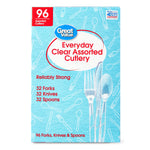 Product box front for Great Value Everyday Clear Assorted Cutlery showing clear utensil images and package claims