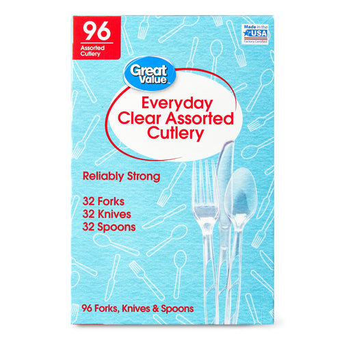 Product box front for Great Value Everyday Clear Assorted Cutlery showing clear utensil images and package claims