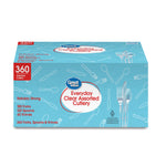 Great Value Everyday Clear Assorted Cutlery retail box on white background with logo and utensil illustrations
