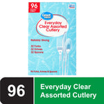 Front of a Great Value box labeled Everyday Clear Assorted Cutlery with clear fork, knife and spoon artwork