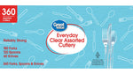 Close-up banner-style image of Great Value Everyday Clear Assorted Cutlery packaging with logo and clear utensil photo