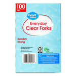 Back of Great Value Everyday Clear Forks box showing product details, barcode and recyclability icons on blue background