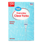 Front-facing Great Value Everyday Clear Forks box with blue patterned background and prominent product name and 100 count