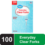 Great Value Everyday Clear Forks box front with blue pattern and red/white logo showing 100 count callout