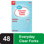 Great Value Everyday Clear Forks retail box with blue patterned background and visible clear fork image