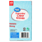 Back of light blue Great Value Everyday Clear Knives box showing product info, barcode and BPA-free icon