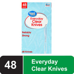 Front of Great Value light blue box labeled 'Everyday Clear Knives' with a clear plastic knife graphic