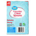 Back of Great Value Everyday Clear Spoons box showing barcode, BPA-free icon and product copy