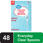 Front of Great Value Everyday Clear Spoons blue box with spoon illustration and 48 count label