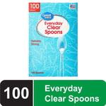 Front-facing blue Great Value box for Everyday Clear Spoons with spoon illustration and 100 count callout