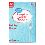 Close-up front packaging of Great Value Everyday Clear Spoons showing logo and clear spoon artwork
