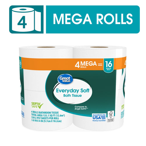 Four-pack Great Value Everyday Soft bath tissue package showing label and mega-roll indicator on white background.