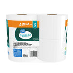 Rear and side view of Great Value Everyday Soft bath tissue four-mega-roll pack showing barcode and product label details.