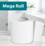 Single Great Value mega roll of Everyday Soft bath tissue with a sheet pulled away, on a marble countertop and bathroom backdrop.