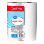 Rear view of Great Value Everyday Strong paper towels two double-roll pack showing label and barcode.