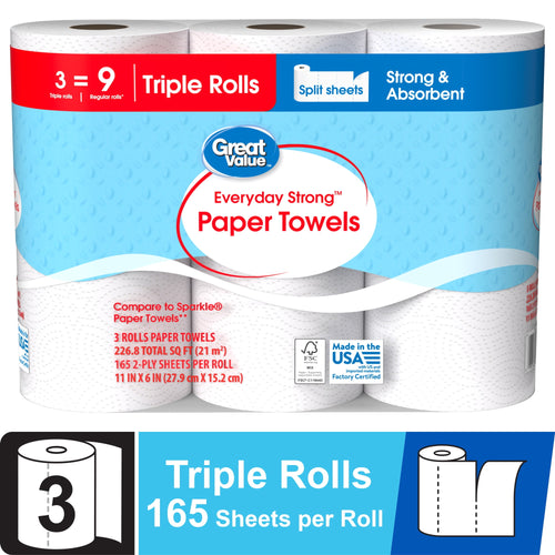 Packaged Great Value Everyday Strong paper towels three triple rolls with blue label and branding