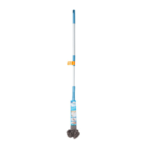 Great Value extendable microfiber duster with blue handle and gray mop head on white background