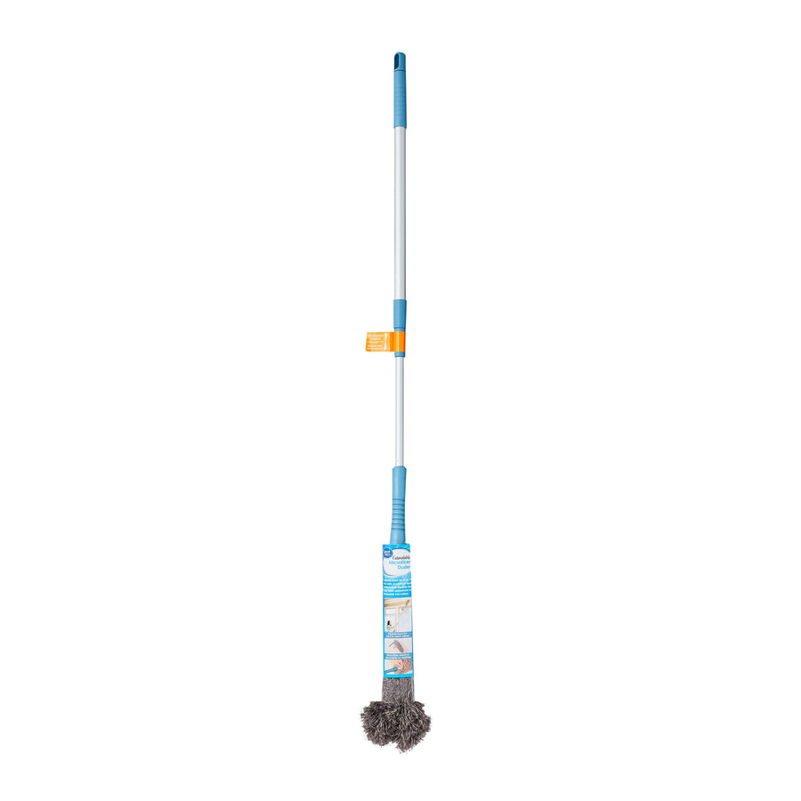 Great Value extendable microfiber duster with blue handle and gray mop head on white background
