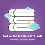 Stacked towels icon with clouds on purple background and text about extra fresh, extra soft for bedsheets and towels