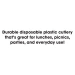Black bold text on white background reading: ‘Durable disposable plastic cutlery that’s great for lunches, picnics, parties, and everyday use!’