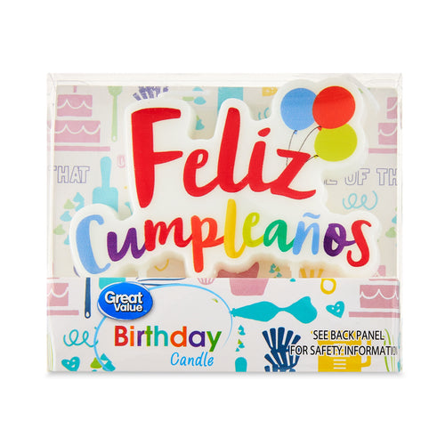 Packaged Great Value 'Feliz Cumpleaños' rainbow-script birthday candle in clear box with colorful background graphics.