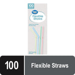 Tall rectangular Great Value box labeled Flexible Straws with multicolored bent straws illustration
