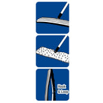 Three blue panels showing simple black-and-white illustrations of a mop head and a hook-and-loop fastening detail.