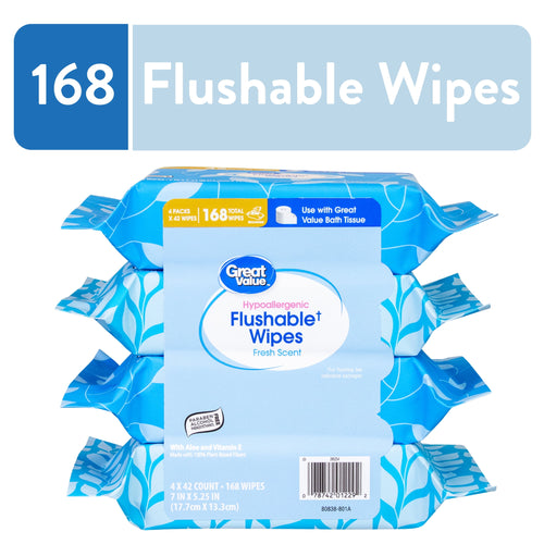 Stacked blue Great Value flushable wipes multipack with label showing 168 flushable wipes and fresh scent branding.