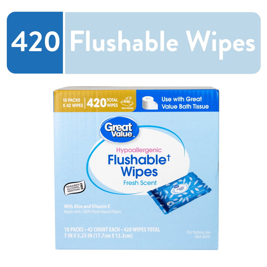 Front-facing Great Value box of hypoallergenic flushable wipes with 420 total callout banner