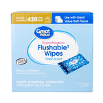 Close-up product photo of Great Value Hypoallergenic Flushable Wipes box showing logo and package artwork