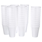 Multiple tall stacks of white insulated foam cups arranged in groups on a white background
