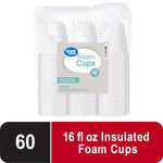 Clear plastic bag of stacked white Great Value foam cups with front label showing brand and 60 count