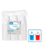 Packaged stack of white Great Value foam cups with brand label and hot/cold icon at bottom right