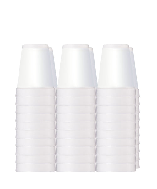 Three columns of stacked white insulated foam cups shown against a white background