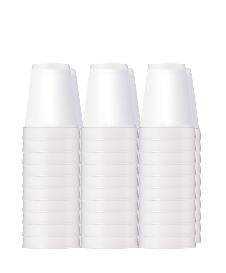 Three columns of stacked white insulated foam cups shown against a white background