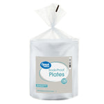 Clear plastic bag of stacked Great Value soak-proof white foam plates with product label visible on front