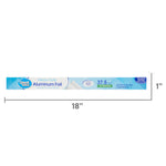 Graphic showing the long thin Great Value aluminum foil box with 18" and 1" dimension callouts and product branding