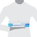 Silhouette scale graphic showing a person holding a Great Value Heavy Duty Aluminum Foil box with 12-inch width marker