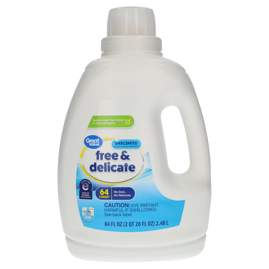 Great Value Free & Delicate unscented liquid laundry detergent bottle with front label and built-in handle on white background.