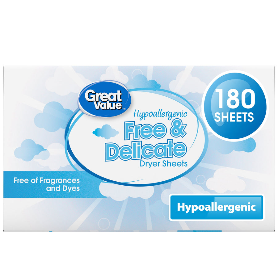 Front of Great Value Free & Delicate hypoallergenic dryer sheets box with blue cloud graphics and 180 sheets badge