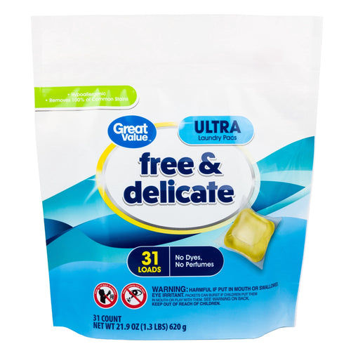 Front-facing resealable pouch of Great Value 'free & delicate' Ultra laundry pacs with blue wave design and single pod image