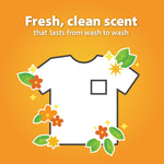 Orange infographic with a t-shirt and floral icons describing a fresh, clean scent that lasts