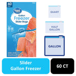 Great Value gallon freezer slider bag product box alongside illustrations labeling quart, half gallon and gallon sizes.