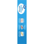 Tall narrow Great Value Gallon Freezer Slider Bags side panel with icons showing uses and benefits on a blue background.