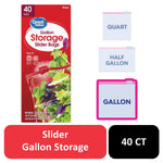 Front packaging of Great Value gallon slider storage bags with red design, salad image and size iconography