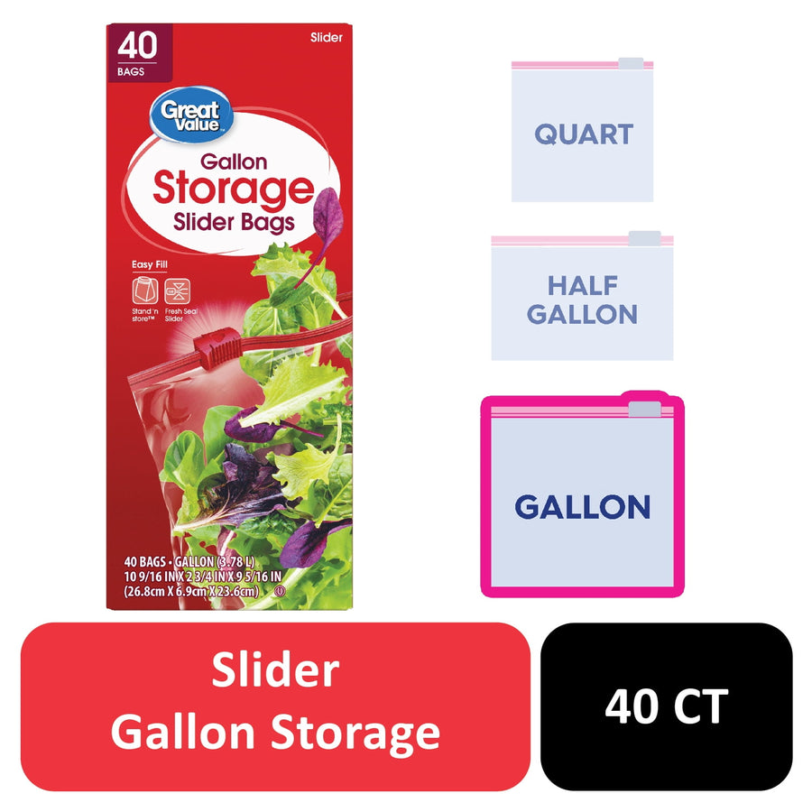 Front packaging of Great Value gallon slider storage bags with red design, salad image and size iconography