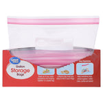 Open dispenser-style box showing stacked clear gallon storage bags with pink double zipper and printed package front.