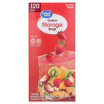 Red Great Value box of gallon double-zipper storage bags with fruit-filled bag illustration and '120 bags' label.