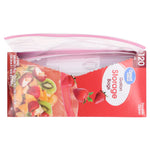 Overhead view of a Great Value gallon storage bags box with a clear pink-sealed bag partially pulled out of the top.